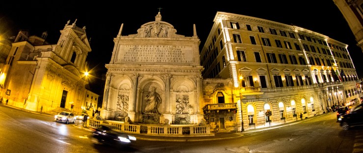 The Moses Fountain, or Fontana dell'Acqua Felice, on the Via Vittorio Emmanuelle Orlando between Cheise Maria della Vitorria and the Hotel St. Regis. Oct. 8, 2015. Nikon D7100. Rokinon 8mm F/3.5 fisheye. RAW. ISO 1600. f/8. 1/13th sec. 8mm (DX 12mm).